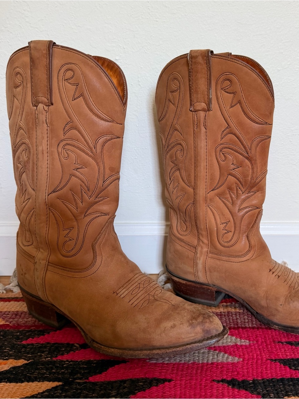 Frye Tan Leather Embroidered Western Heeled Boots